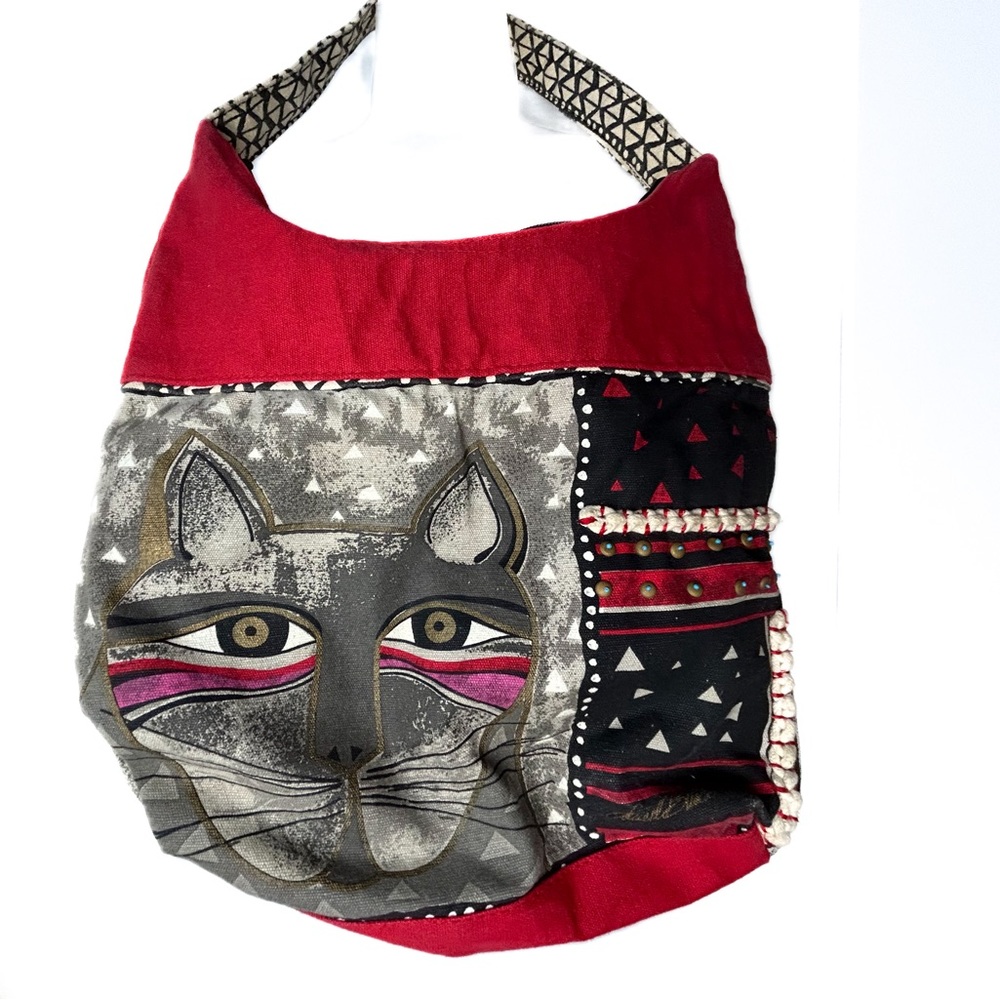 Laurel Burch Cat Graphic Red &‎ Gray Beaded Shoulder Bag Large